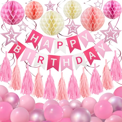 Rosa Geburtstag Dekorationen - Happy Birthday Girlande Party Supplies mit Wabenball, Quaste, Hängende Wirbel Streamer, Ballon Rosa Party Dekoration für Mädchen Tochter Frauen Enfant Rosa Geburtstag Dekorationen - Happy Birthday Girlande Party Supplies mit Wabenball, Quaste, Hängende Wirbel Streamer, Ballon Rosa Party Dekoration für Mädchen Tochter Frauen Enfant von Recosis