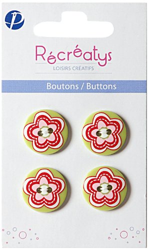 Récréatys 7123 18 28 Knopf aus Nylon, Bedruckt, 18 mm, Grün mit rosa und roten Blumen, 4 Stück von Récréatys