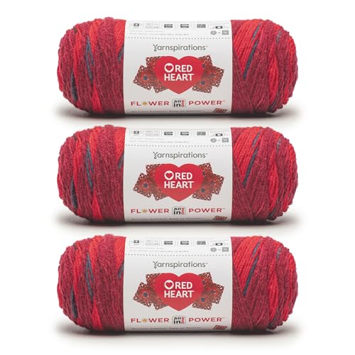 Red Heart All in One Flower Power Burgunderblüten-Garn, 3 Stück, 250 g, 100% Acryl, Nr. 4 Kammgarn (Medium), 400 m – Stricken/Häkeln von Red Heart