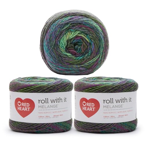 Red Heart Roll with It Melange Garn, Curtain Call, 100% Acryl, Stärke 4 (Medium/Worsted), 356 m, Stricken/Häkeln, Grün/Blau (Catwalk), 3er-Pack à 150 g von Red Heart