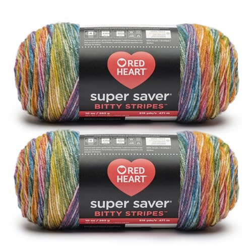 Red Heart Super Saver Bitty Stripe Rainbow Garn, 283 g, 100% Acryl, Kammgarn Nr. 4 (Medium), 470 m, Stricken/Häkeln, 2 Stück von Red Heart