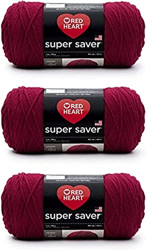 Red Heart Super Saver, 3er-Pack, 198 gr, Acryl, 4 Medium (Kammgarn), 330 m, für Stricken/Häkeln, Burgundy-Garn von Red Heart