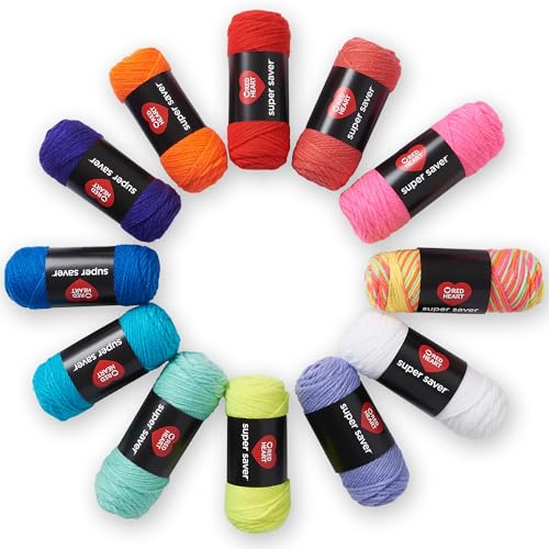 Red Heart Super Saver Garn Super Handarbeitsset Brights, mit 12 Packungen á 50 g Kammgarn (Stärke 4) zum Stricken und Häkeln, 12 Farben, perfekt für Grobstrickpullis, Decken, Amigurumi von Red Heart