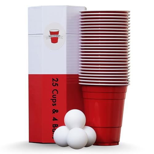 RedCupShop® Becher Set | 25 Red Cups & 4 Bälle | Spülmaschinenfest & Wiederverwendbar | 473ml/ 16oz rote Partybecher von RedCupShop