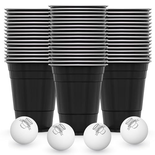 RedCupShop® Beer Pong Becher Schwarz – 50er Set + 4 Bälle | Wiederverwendbare Becher (473ml / 16oz) | Spülmaschinenfest & BPA-frei | Partybecher für Beerpong & Trinkspiele von RedCupShop