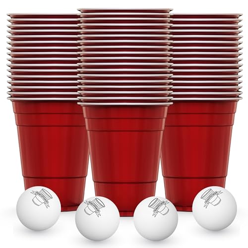 RedCupShop® Beer Pong Becher Set | 50 Red Cups (16oz/473ml) + 4 Bälle | Wiederverwendbar & spülmaschinenfest | Rote Partybecher für Spiele & Feiern von RedCupShop