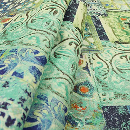 Redbrick Mill Fabrics Moderner bedruckter Polsterstoff aus Samt mit Patchwork-Muster in Blau und Grün (Muster 10 x 8 cm) von Redbrick Mill Fabrics