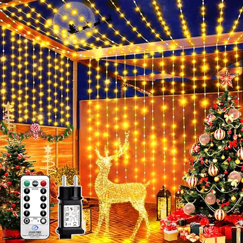 Redefun Lichtervorhang 3m x 3m 300LED Lichterketten Vorhang mit Stecker, 8 Modi Weihnachtsbeleuchtung Wasserdicht Wasserfall Lichter mit Fernbedienung für Außen Weihnachten Balkon Deko(Warmweiß) von Redefun