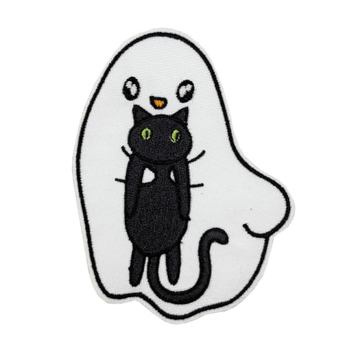 Aufnäher zum Aufbügeln, Motiv: Halloween-Geist mit schwarzer Katze, 8,9 cm Aufnäher zum Aufbügeln, Motiv: Halloween-Geist mit schwarzer Katze, 8,9 cm von ReelFun