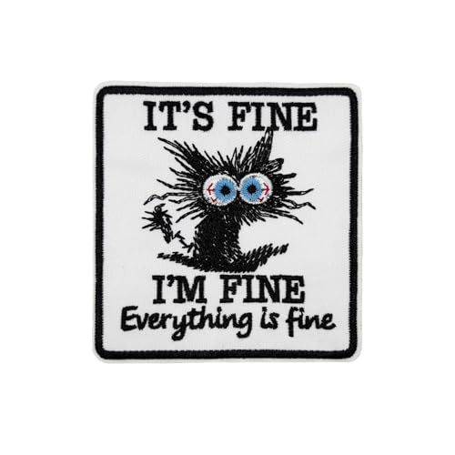 Lustiger Cartoon-Katzen-Aufnäher, 8,9 cm, "It's Fine I'm Fine", bestickt, mit Haken und Look, niedliche Meme-Applikationen für Rucksäcke, Trucker-Hüte, Hundegeschirre von ReelFun