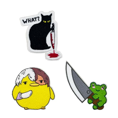 Niedliches Tiermesser, Meme, selbstklebend, bestickt, zum Aufbügeln, inklusive Ente, schwarzer Katze und Frosch mit Messer Niedliches Tiermesser, Meme, selbstklebend, bestickt, zum Aufbügeln, inklusive Ente, schwarzer Katze und Frosch mit Messer von ReelFun