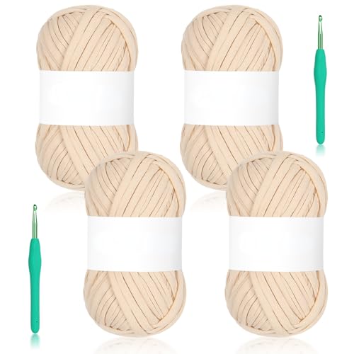 Reessy 400 g grobes Garn zum Häkeln, 130 Yards T-Shirt-Garn, elastischer Stoff, gelbes Tuch für Stricktaschen, Korb, Kissenprojekte – super einfach für Anfänger, um Häkeln zu lernen (Beige) von Reessy