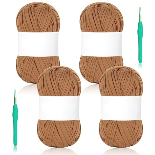Reessy 400 g grobes Garn zum Häkeln, 130 Yards T-Shirt-Garn, elastischer Stoff, gelbes Tuch für Stricktaschen, Korb, Kissenprojekte – super einfach für Anfänger, um Häkeln zu lernen (braun) von Reessy