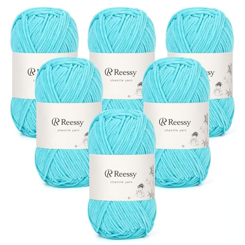 Reessy 6 × 50 g Chenille-Garn, weiche klobige Wolle zum Häkeln, dickes Garn Plüschgarne, ideal für Anfänger, Häkeln, Babydecken, Pullover, Amigurumi, Hüte (Cyan) von Reessy