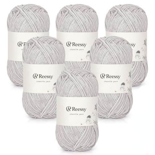 Reessy 6 × 50 g Chenille-Garn, weiche klobige Wolle zum Häkeln, dickes Garn Plüschgarne, ideal für Anfänger, Häkeln, Babydecken, Pullover, Amigurumi, Hüte (Hellgrau) von Reessy