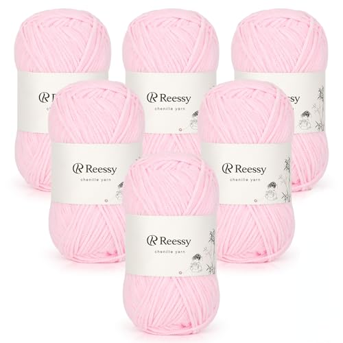 Reessy 6 × 50 g Chenille-Garn, weiche klobige Wolle zum Häkeln, dickes Garn Plüschgarne, ideal für Anfänger, Häkeln, Babydecken, Pullover, Amigurumi, Hüte (Hellrosa) von Reessy