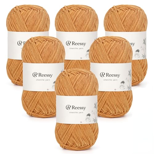 Reessy 6 × 50 g Chenille-Garn, weiche klobige Wolle zum Häkeln, dickes Garn Plüschgarne, ideal für Anfänger, Häkeln, Babydecken, Pullover, Amigurumi, Hüte (Khaki) von Reessy