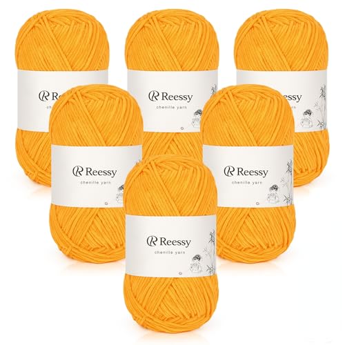 Reessy 6 × 50 g Chenille-Garn, weiche klobige Wolle zum Häkeln, dickes Garn Plüschgarne, ideal für Anfänger, Häkeln, Babydecken, Pullover, Amigurumi, Hüte (Orange) von Reessy