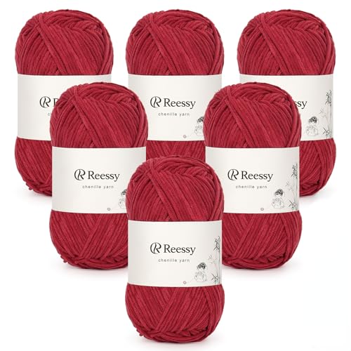 Reessy 6 × 50 g Chenille-Garn, weiche klobige Wolle zum Häkeln, dickes Garn Plüschgarne, ideal für Anfänger, Häkeln, Babydecken, Pullover, Amigurumi, Hüte (dunkelrot) von Reessy