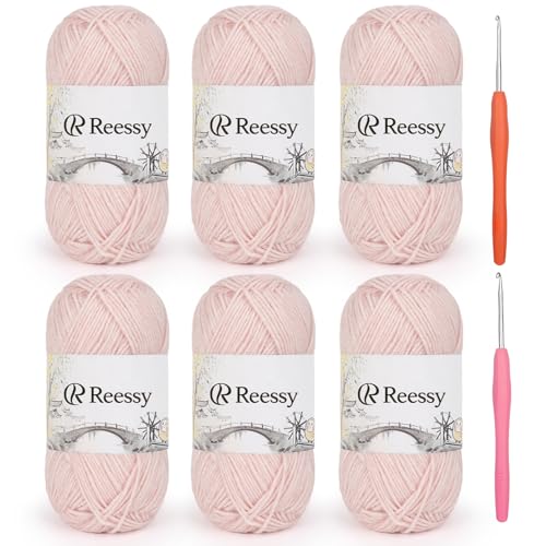 Reessy Baumwollgarn zum Häkeln, 6 Stück, 50 g, 78 % Baumwolle, 22 % Acryl, weiches Häkelgarn mit Sportgewicht (CYC #2), gebürstetes Luftgarn für Baby-Projekte, Granny-Quadrate und Plüschtiere (Rosa) von Reessy