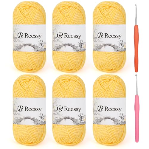 Reessy Baumwollgarn zum Häkeln, 6 Stück, 50 g, 78 % Baumwolle, 22 % Acryl, weiches Häkelgarn mit Sportgewicht (CYC #2), gebürstetes Luftgarn für Baby-Projekte, Granny-Quadrate und Plüschtiere (gelb) von Reessy