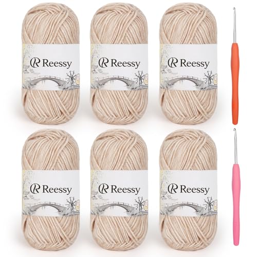 Reessy Baumwollgarn zum Häkeln, 6 Stück, 50 g, 78 % Baumwolle, 22 % Acryl, weiches Häkelgarn mit Sportgewicht (CYC #2), gebürstetes Luftgarn für Baby-Projekte, Granny-Quadrate und Plüschtiere (Khaki) von Reessy