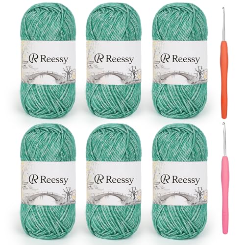 Reessy Baumwollgarn zum Häkeln, 6 Stück, 50 g, 78 % Baumwolle, 22 % Acryl, weiches Häkelgarn mit Sportgewicht (CYC #2), gebürstetes Luftgarn für Baby-Projekte, Granny Squares & Plüschtiere (grün) von Reessy