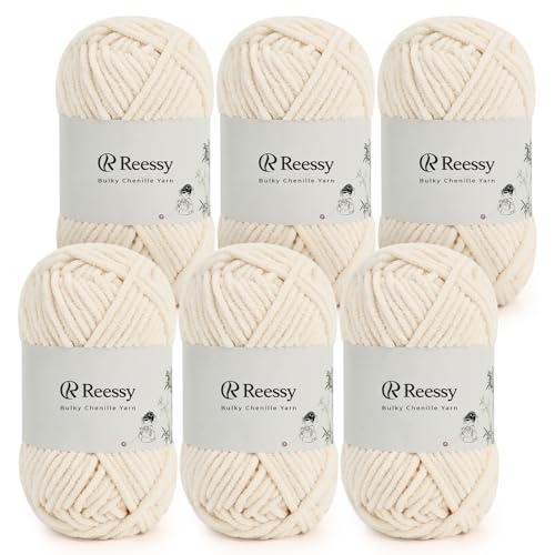 Reessy Bulky Chenille-Garn zum Häkeln, 6 Stück, 50 g Knäuel, reines Polyester, CYC #5 sperriges Gewicht, weiches, flauschiges Chenille-Garn zum Basteln von Plüschtieren, Decken, Schals (Beige) von Reessy