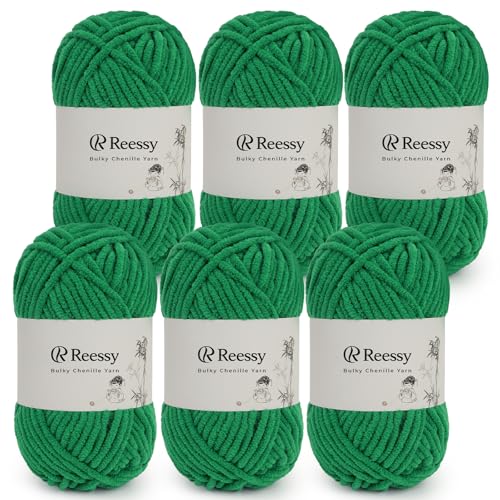 Reessy Bulky Chenille-Garn zum Häkeln, 6 Stück, 50 g Knäuel, reines Polyester, CYC #5 sperriges Gewicht, weiches, flauschiges Chenille-Garn zum Basteln von Plüschtieren, Decken, Schals (Jadegrün) von Reessy