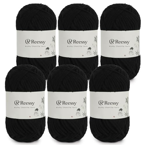 Reessy Bulky Chenille-Garn zum Häkeln, 6 Stück, 50 g Knäuel, reines Polyester, CYC #5 sperriges Gewicht, weiches, flauschiges Chenille-Garn zum Basteln von Plüschtieren, Decken, Schals (schwarz) von Reessy