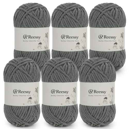 Reessy Bulky Chenille-Garn zum Häkeln, 6 Stück à 50 g, 100 % Polyester, CYC #5 sperriges Gewicht, weiches, flauschiges Chenille-Garn zum Basteln von Plüschtieren, Decken, Schals (Anthrazitgrau) von Reessy