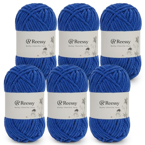 Reessy Bulky Chenille-Garn zum Häkeln, 6 Stück à 50 g, reines Polyester, CYC #5 sperriges Gewicht, weiches, flauschiges Chenille-Garn zum Basteln von Plüschtieren, Decken, Schals (Saphirblau) von Reessy