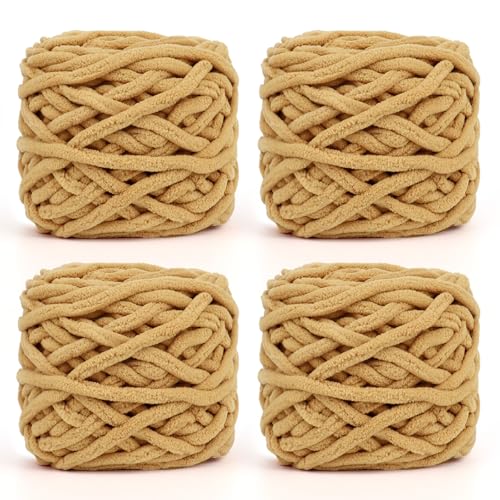 Reessy CYC #6 Super Bulky Chenille-Garn zum Häkeln, 4 Stück, 100 g, supersperriges Gewicht, seilähnliches grobes Garn, flauschig matt, dick zum Häkeln von Decken, Taschen und Teppichen (Khaki) von Reessy
