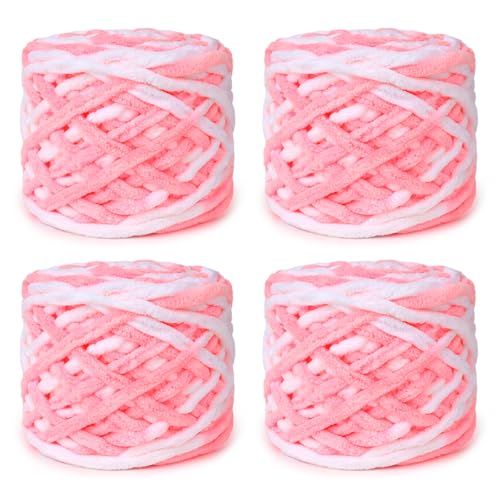 Reessy CYC #6 Super Bulky Chenille-Garn zum Häkeln, 4 Stück, 100 g, supersperriges Gewicht, seilähnliches grobes Garn, flauschig matt, dick zum Häkeln von Decken, Taschen und Teppichen (Rosa-Weiß) Reessy CYC #6 Super Bulky Chenille-Garn zum Häkeln, 4 Stück, 100 g, supersperriges Gewicht, seilähnliches grobes Garn, flauschig matt, dick zum Häkeln von Decken, Taschen und Teppichen (Rosa-Weiß) von Reessy