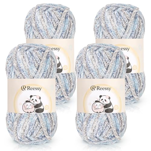 Reessy Chenille-Garn, 4 × 100 g, super weich, dickes Wollset, grobes Garn zum Häkeln, einfach zu verwenden für Anfänger, Crcochet Decke, Handtasche, DIY Amigurumi (Blaugrau) von Reessy
