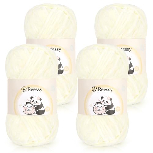 Reessy Chenille-Garn, 4 × 100 g, super weich, dickes Wollset, grobes Garn zum Häkeln, einfach zu verwenden für Anfänger, Crcochet Decke, Handtasche, DIY Amigurumi (Creme) von Reessy