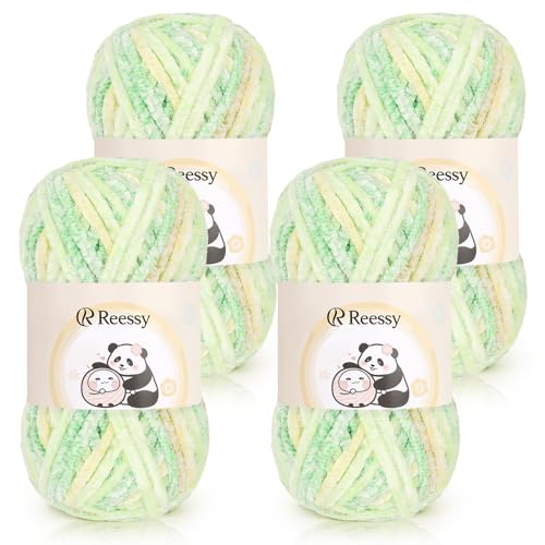 Reessy Chenille-Garn, 4 × 100 g, super weich, dickes Wollset, grobes Garn zum Häkeln, einfach zu verwenden für Anfänger, Crcochet-Decke, Handtasche, DIY Amigurumi (Flussgrün) von Reessy