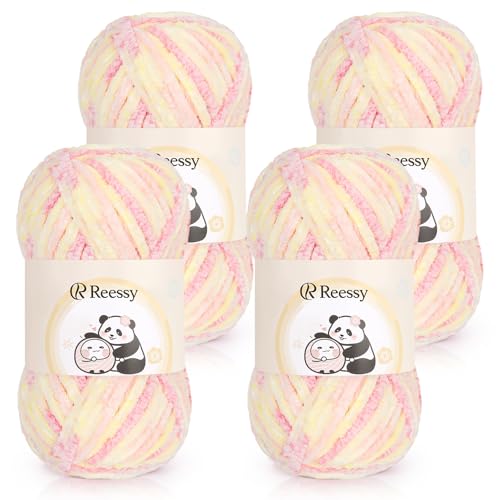 Reessy Chenille-Garn, 4 × 100 g, super weich, dickes Wollset, grobes Garn zum Häkeln, einfach zu verwenden für Anfänger, Crcochet-Decke, Handtasche, DIY Amigurumi (Macaron) von Reessy