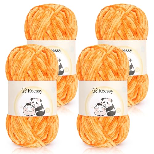 Reessy Chenille-Garn, 4 × 100 g, super weich, dickes Wollset, grobes Garn zum Häkeln, einfach zu verwenden für Anfänger, Crcochet-Decke, Handtasche, DIY Amigurumi (Orange) von Reessy