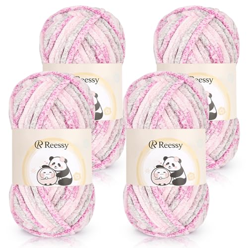 Reessy Chenille-Garn, 4 × 100 g, super weich, dickes Wollset, grobes Garn zum Häkeln, einfach zu verwenden für Anfänger, Crcochet Decke, Handtasche, DIY Amigurumi (Rosengarten) von Reessy