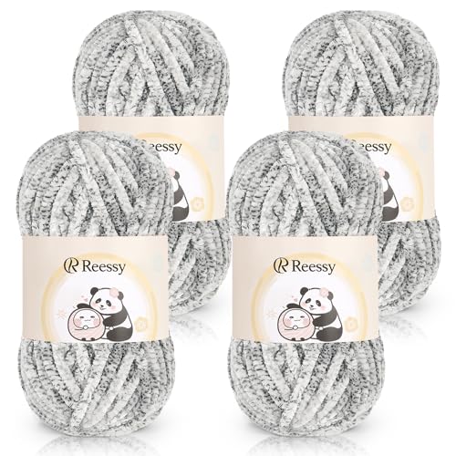 Reessy Chenille-Garn, 4 × 100 g, super weich, dickes Wollset, grobes Garn zum Häkeln, einfach zu verwenden für Anfänger, Crcochet Decke, Handtasche, DIY Amigurumi (Weißgrau) von Reessy