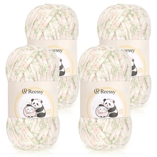 Reessy Chenille-Garn, 4 × 100 g, super weich, dickes Wollset, grobes Garn zum Häkeln, einfach zu verwenden für Anfänger, Crcochet Decke, Handtasche, DIY Amigurumi (weiß, grün, rosa) von Reessy