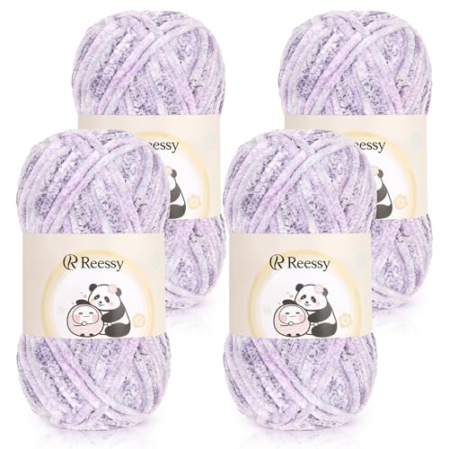 Reessy Chenille-Garn, 4 × 100 g, superweich, dickes Wollset, grobes Garn zum Häkeln, einfach zu verwenden für Anfänger, Crcochet Decke, Handtasche, DIY Amigurumi (Lavendel) von Reessy