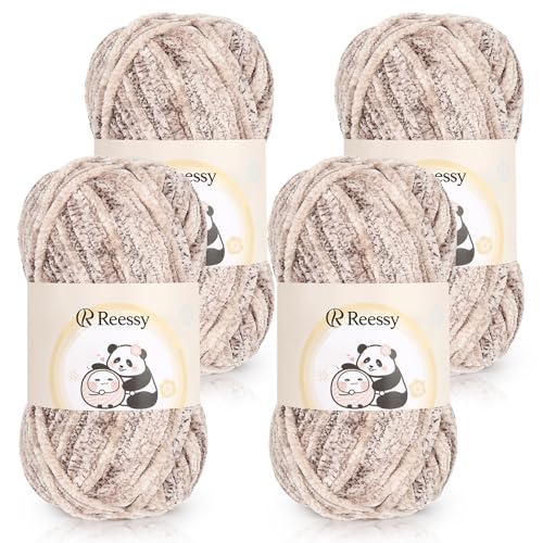 Reessy Chenille-Garn, 4 × 100 g, superweich, dickes Wollset, grobes Garn zum Häkeln, einfach zu verwenden für Anfänger, Crcochet-Decke, Handtasche, DIY Amigurumi (Tinte) von Reessy