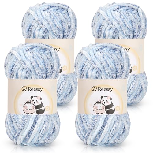 Reessy Chenille-Garn, 400 g (4 x 100 g), Schneewittchen-Chenille-Woll-Set, superweiches, dickes Garn zum Häkeln und Stricken von Kleidung, Decken, DIY (Eisblau) von Reessy