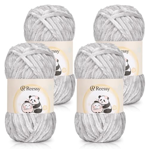 Reessy Chenille-Garn, 400 g (4 x 100 g), Schneewittchen-Chenille-Woll-Set, superweiches, dickes Garn zum Häkeln und Stricken von Kleidung, Decken, DIY (Grau) von Reessy