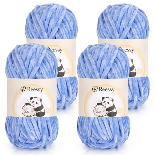 Reessy Chenille-Garn, 400 g (4 x 100 g), Schneewittchen-Chenille-Woll-Set, superweiches, dickes Garn zum Häkeln und Stricken von Kleidung, Decken, DIY (Himmelblau) von Reessy