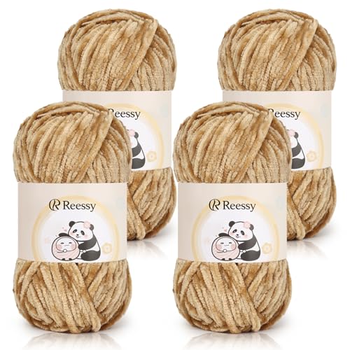 Reessy Chenille-Garn, 400 g (4 x 100 g), Schneewittchen-Chenille-Woll-Set, superweiches, dickes Garn zum Häkeln und Stricken von Kleidung, Decken, DIY (Khaki) von Reessy
