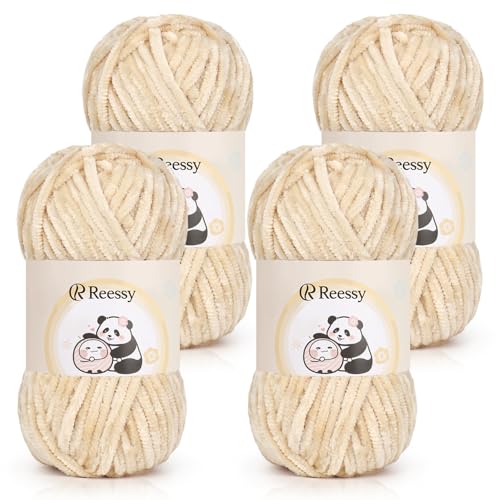 Reessy Chenille-Garn, 400 g (4 x 100 g), Schneewittchen-Chenille-Woll-Set, superweiches, dickes Garn zum Häkeln und Stricken von Kleidung, Decken, DIY (Off-Withe) von Reessy