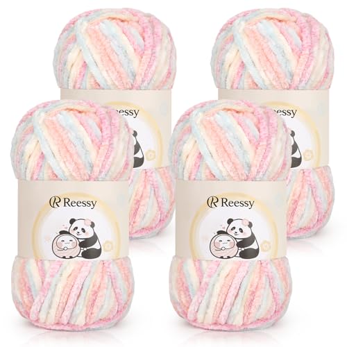 Reessy Chenille-Garn, 400 g (4 × 100 g), Schneewittchen-Chenille-Woll-Set, superweiches, dickes Garn zum Häkeln und Stricken von Kleidung, Decken, DIY (Regenbogen) von Reessy